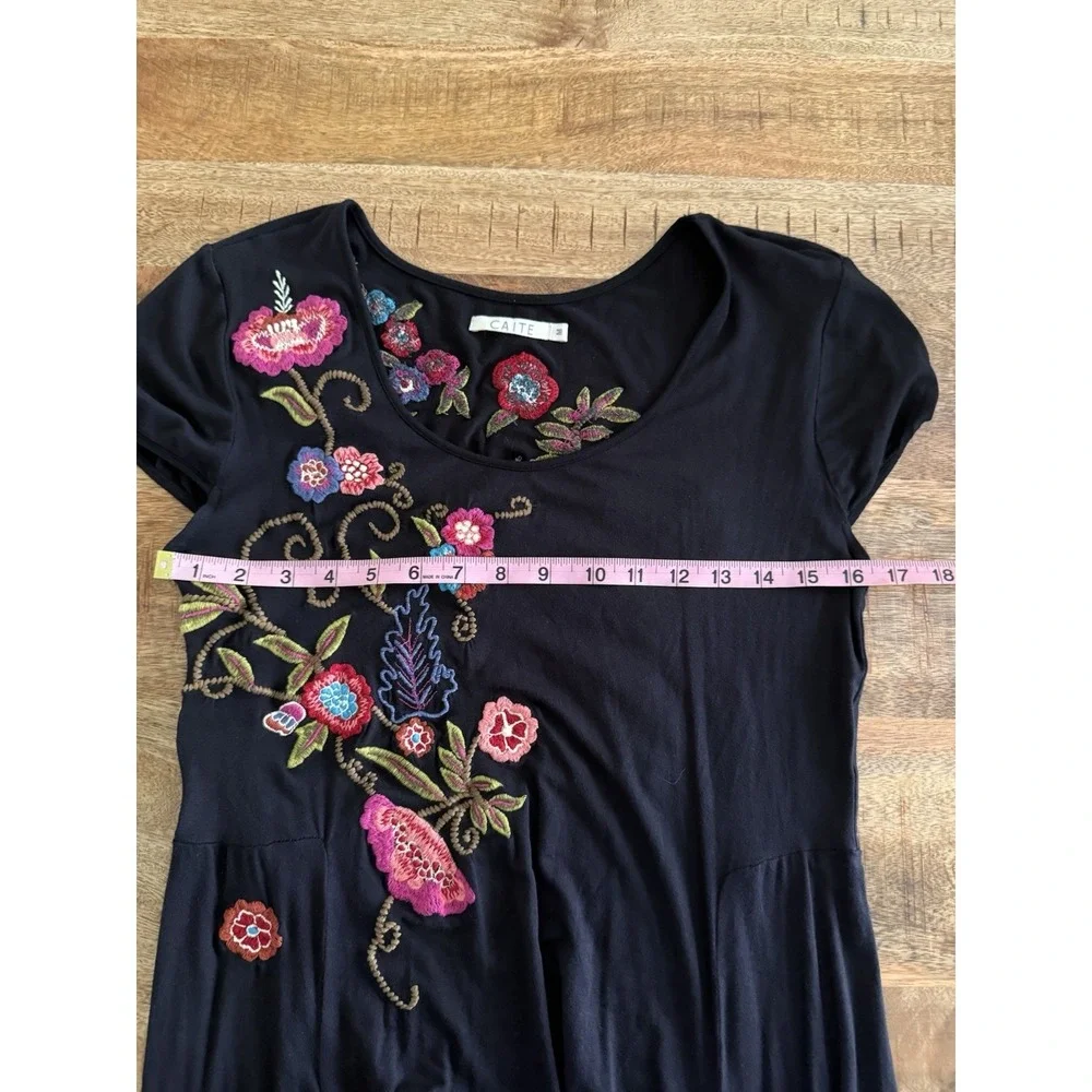 CAITE Embroidered Floral‎ Dress Black Boho Asymmetrical Hem Size Medium